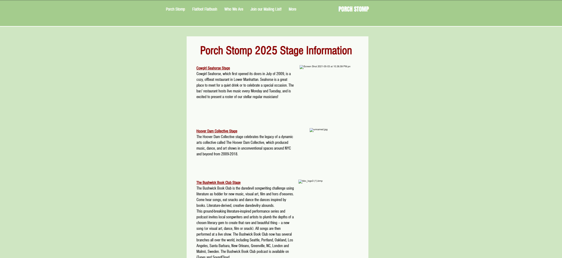 Porch Stomp stages page before redesign